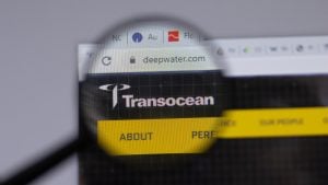 Transocean logo on a laptop screen. RIG stock.