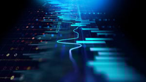 Graphic of side view of virtual financial charts with tech aesthetic, symbolizing fintech