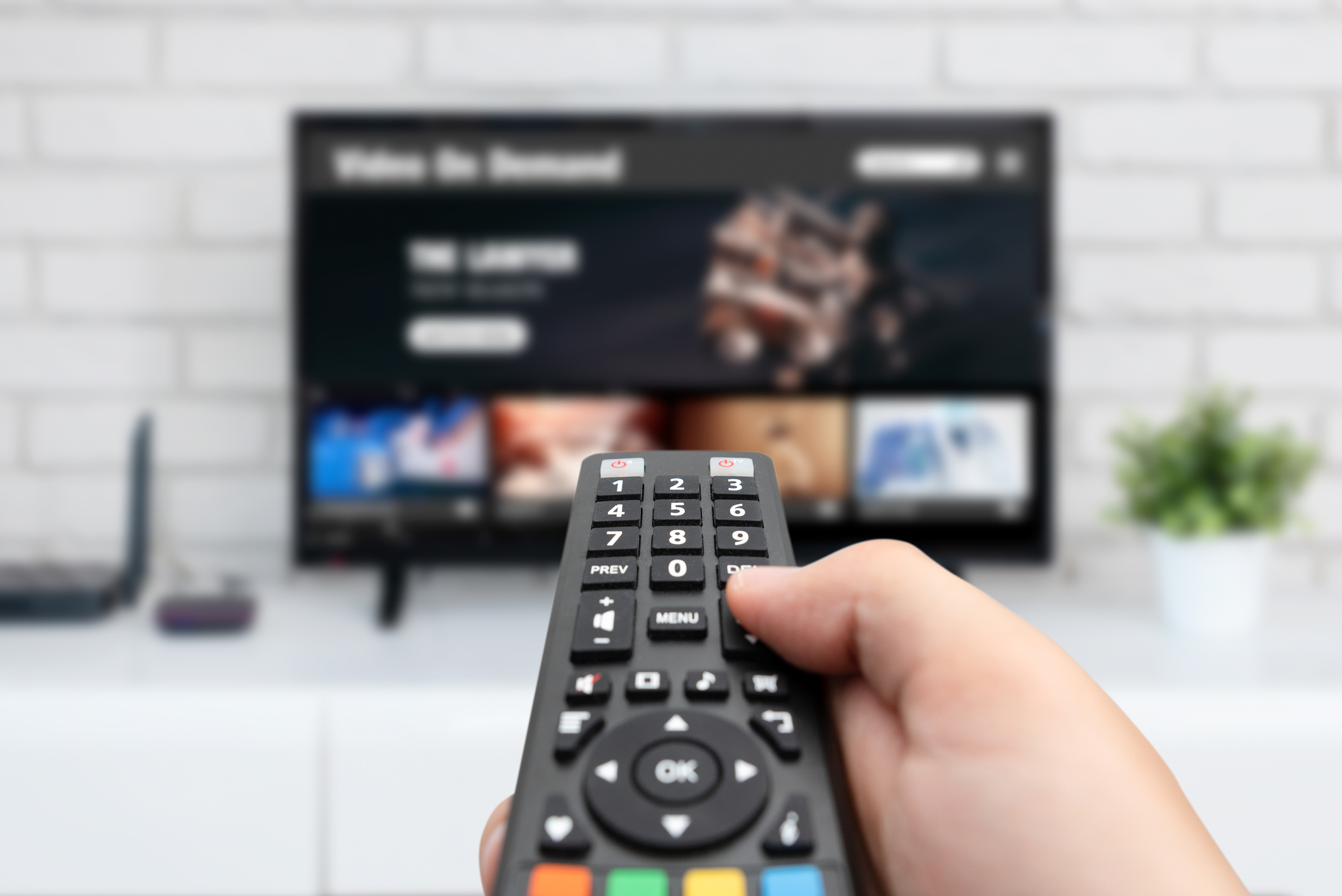 A person holding a remote in front a smart TV.