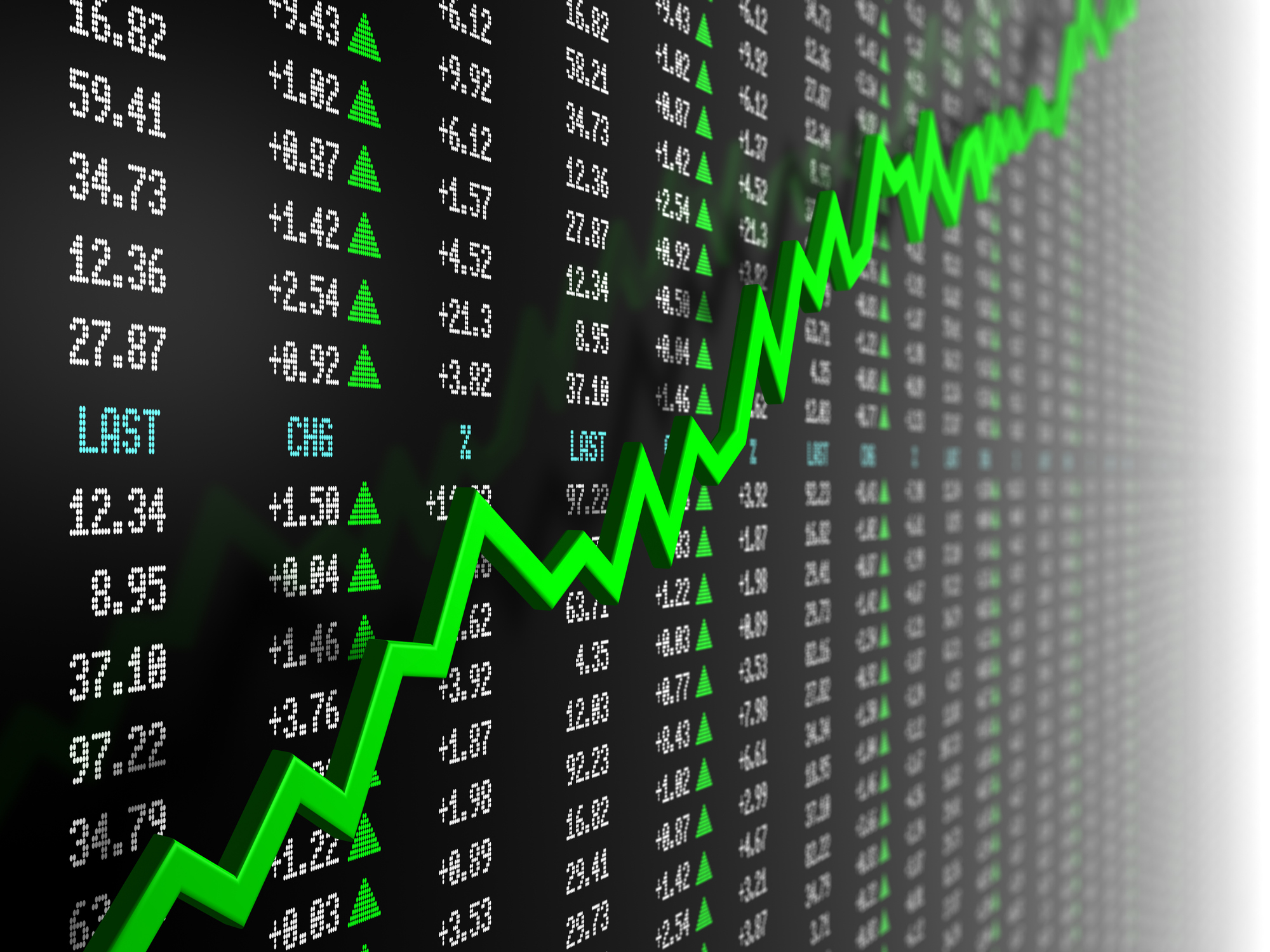 A stock chart going up with tickers in the background.
