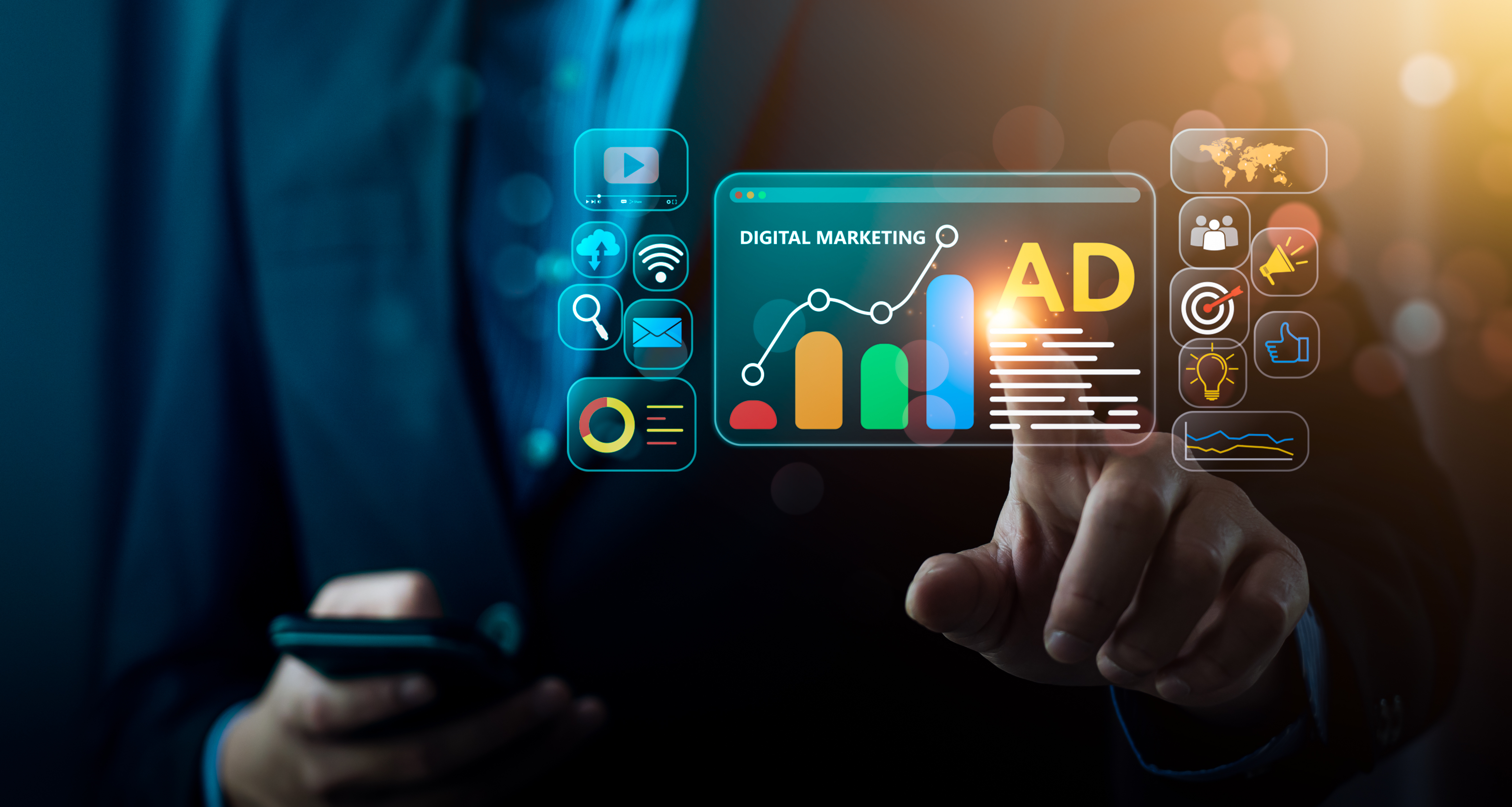 Person pressing a floating square with a chart on it labeled Ad.