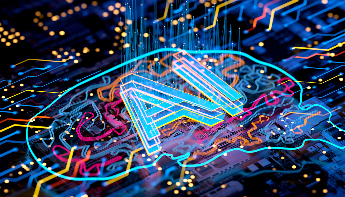 A circuit board with a graphic of a brain and the letters A I printed on it.