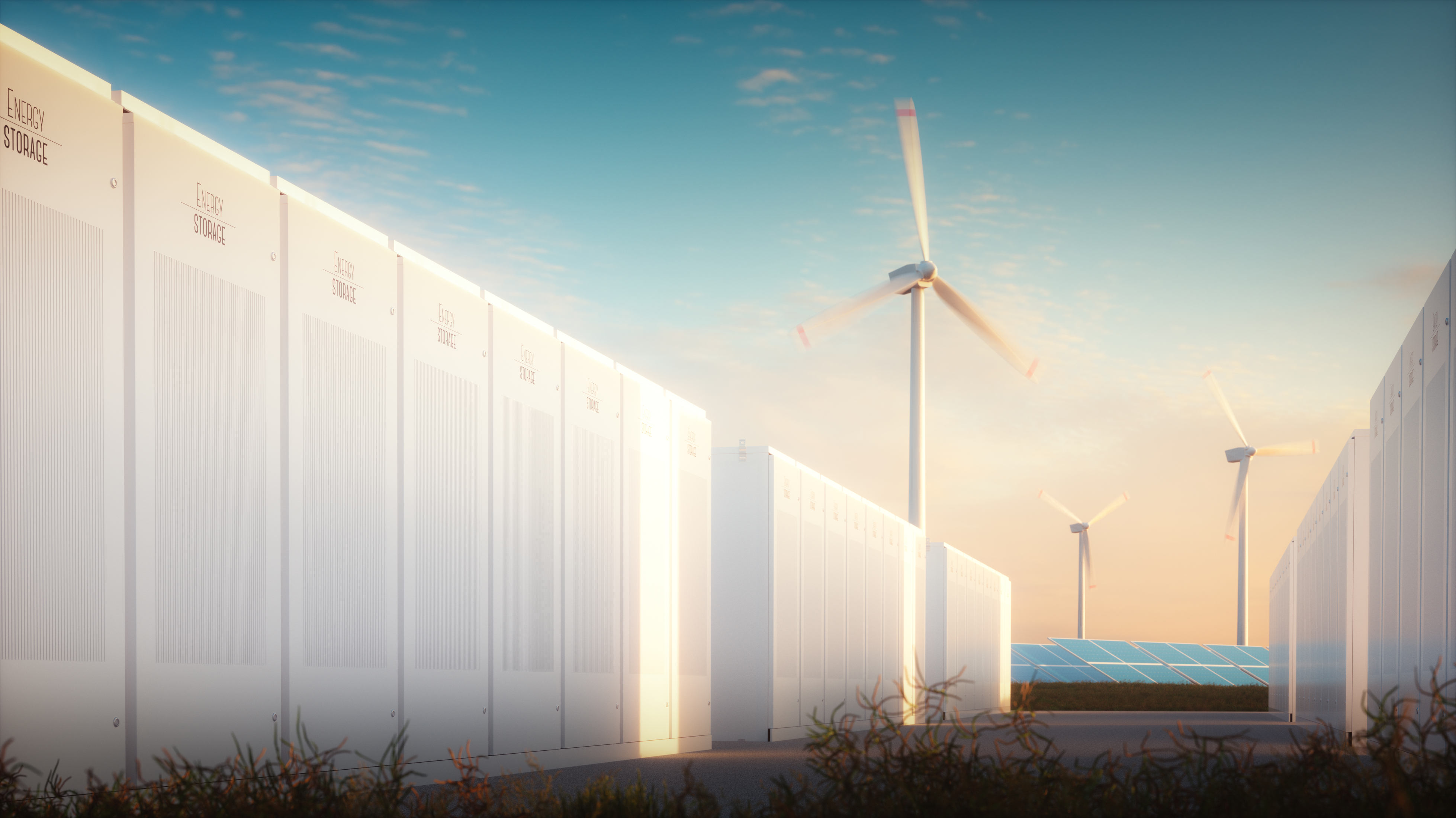Wind towers behind rows of data center servers.