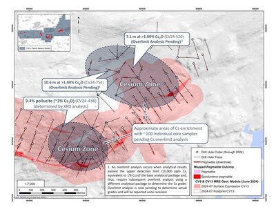 Figure 1: Areas of significant cesium enrichment, with approximately 100 individual core samples pending overlimit analysis (><percent>1%</percent> Cs). (CNW Group/Patriot Battery Metals Inc.)