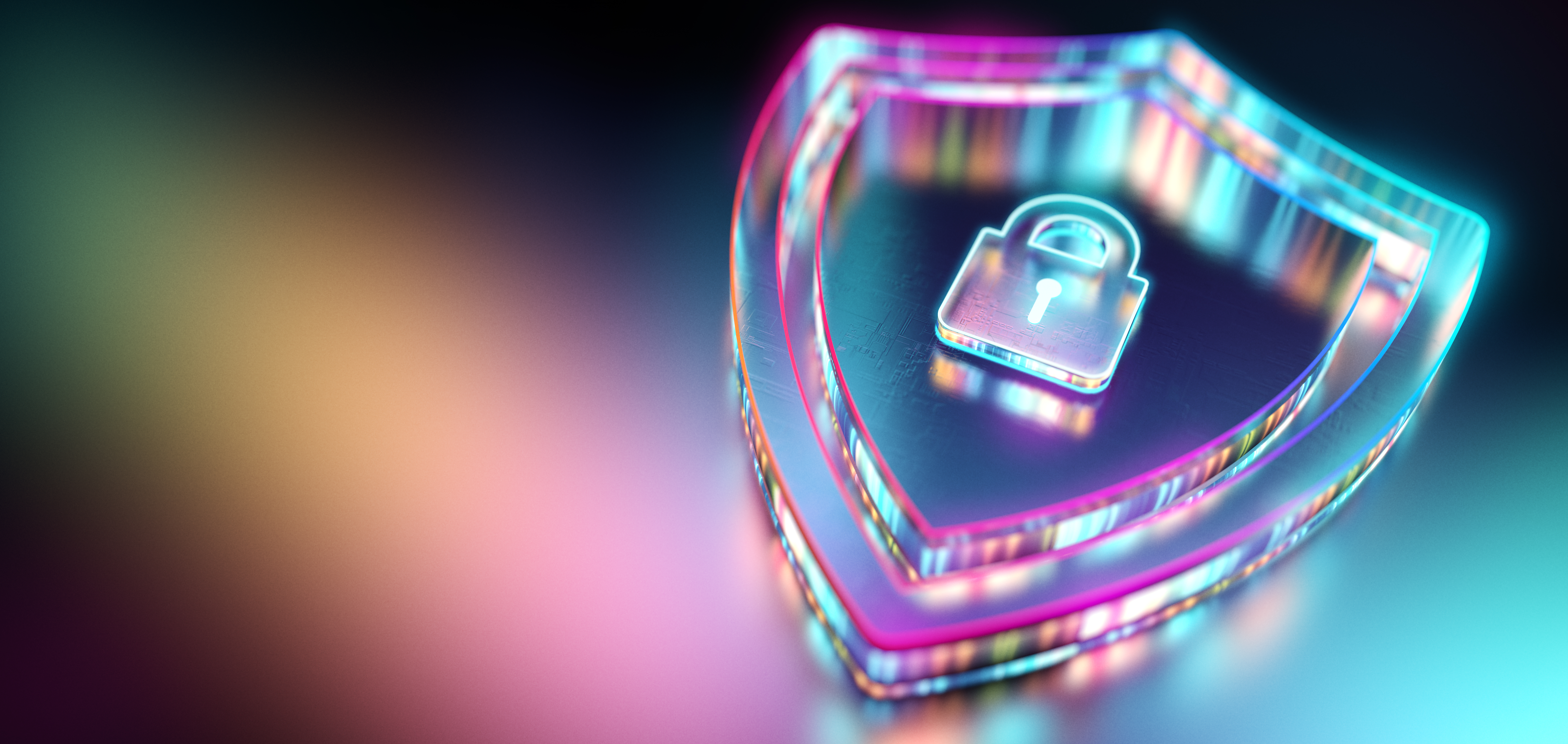 A neon blue-and-pink shield with a lock design at its center sits on top of a black-and-neon backdrop.