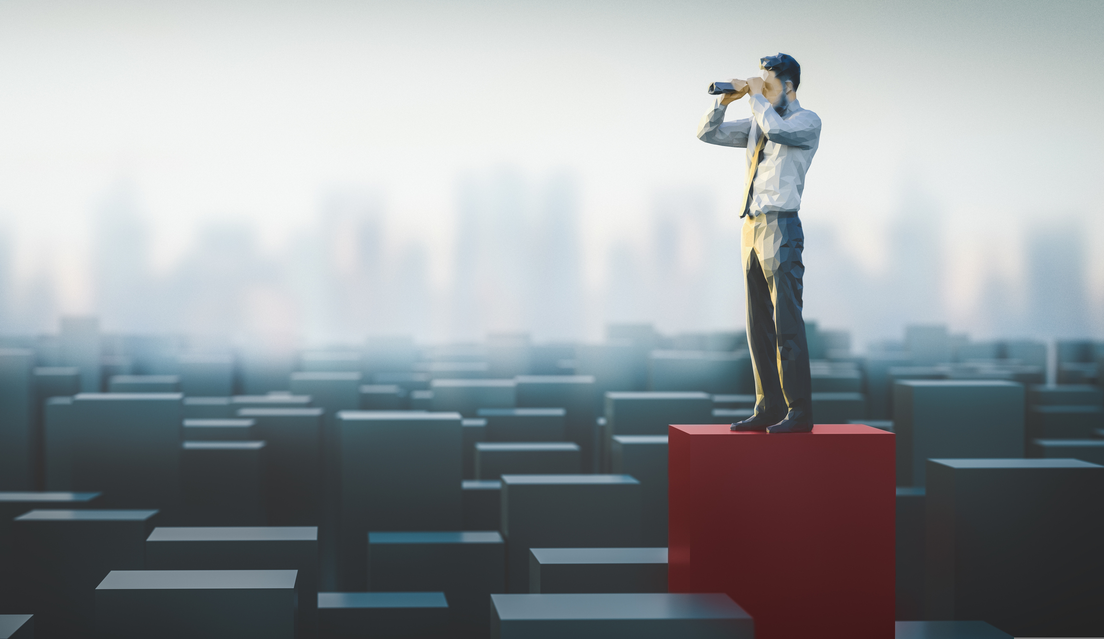 A person standing on a red block holding up a pair of binoculars.